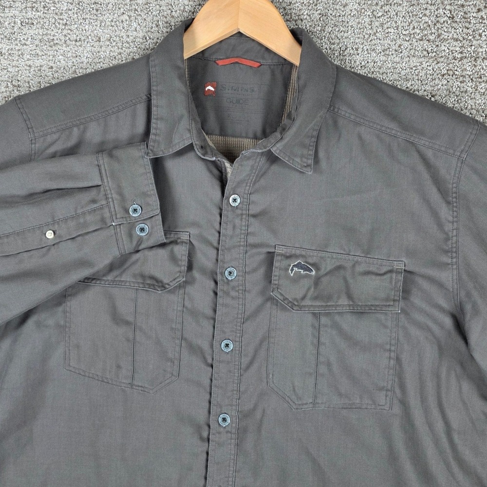 Simms Guide Fishing Shirt Mens Gray Long Sleeve Button Up Fleece Lined‎ Jacket